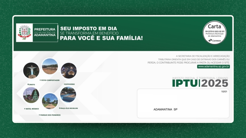 Primeira parcela ou cota única do IPTU vence neste sábado (8)