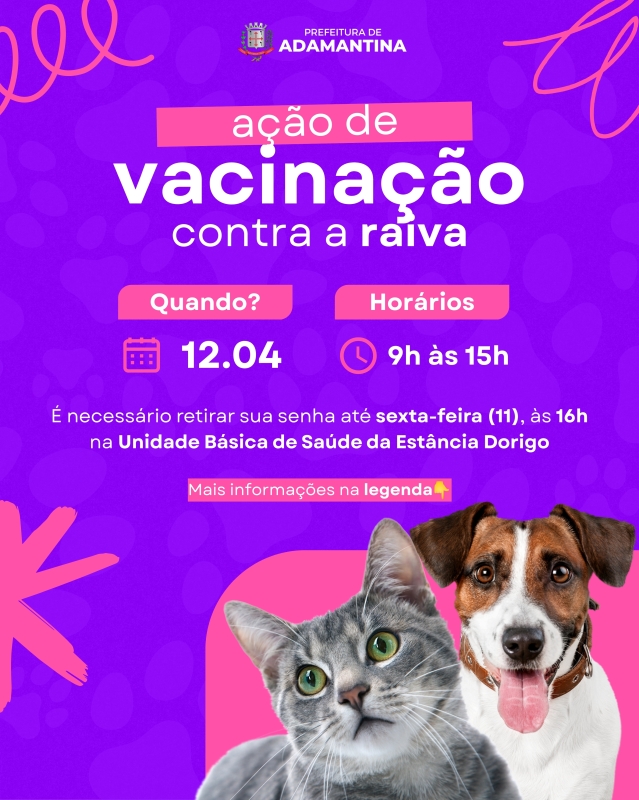 Ação de Vacinação Antirrábica será realizada neste sábado (12) em Adamantina