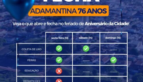 Confira como será o funcionamento dos serviços públicos municipais no feriado em comemoração ao aniversário de Adamantina e Dia do Padroeiro