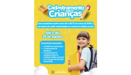 Cadastramento para crianças que completam quatro anos até 31 de março de 2026 e que ainda não estão matriculadas em nenhuma unidade escolar continua aberto