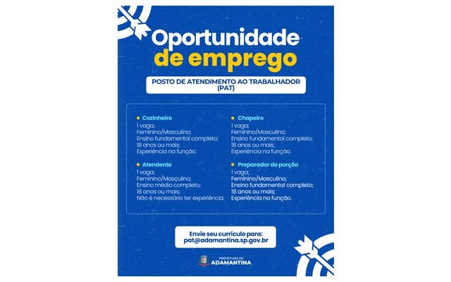 PAT divulga quatro oportunidades de emprego