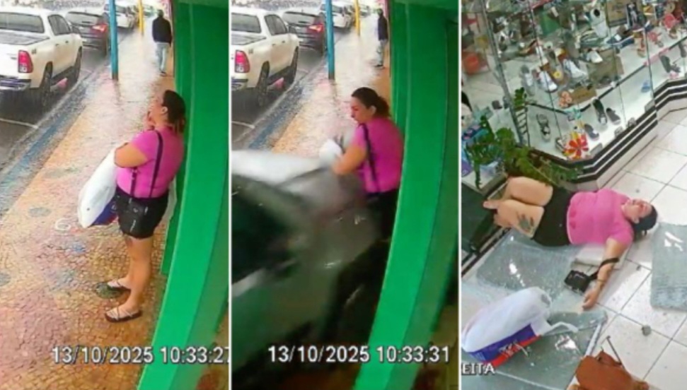 Carro invade calçada e atinge mulher em porta de loja no centro de Adamantina