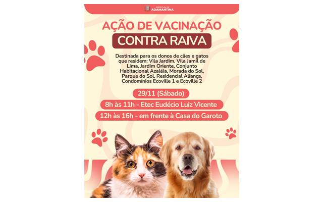 Ação de vacinação antirrábica acontece neste sábado (29) em Adamantina em dois pontos diferentes