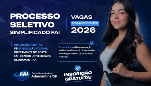 FAI abre inscrições para vagas remanescentes do Vestibular 2026