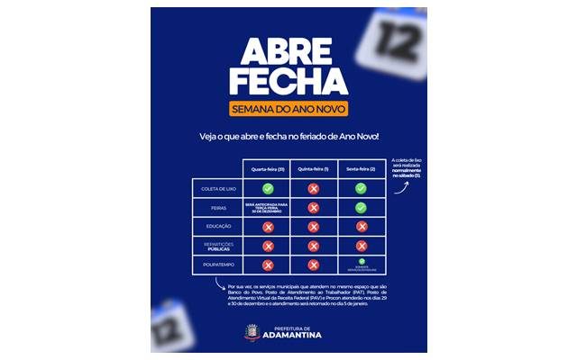 Confira como será o funcionamento dos serviços públicos municipais no feriado de ano novo