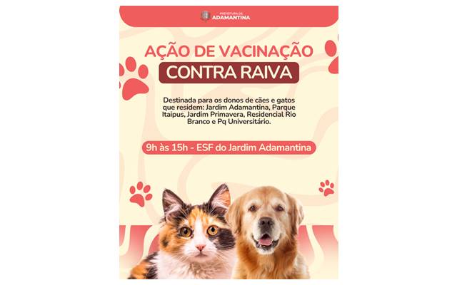 Ação de vacinação antirrábica acontece neste sábado (13) em Adamantina