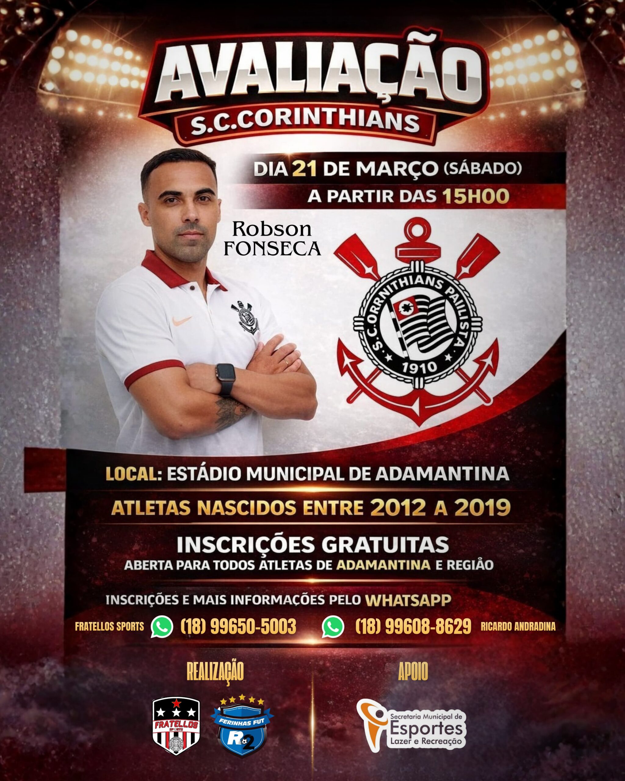Avaliação do Corinthians será realizada em Adamantina para atletas da base