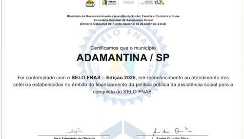 Adamantina é contemplada com Selo FNAS 2025 em reconhecimento à gestão da Assistência Social
