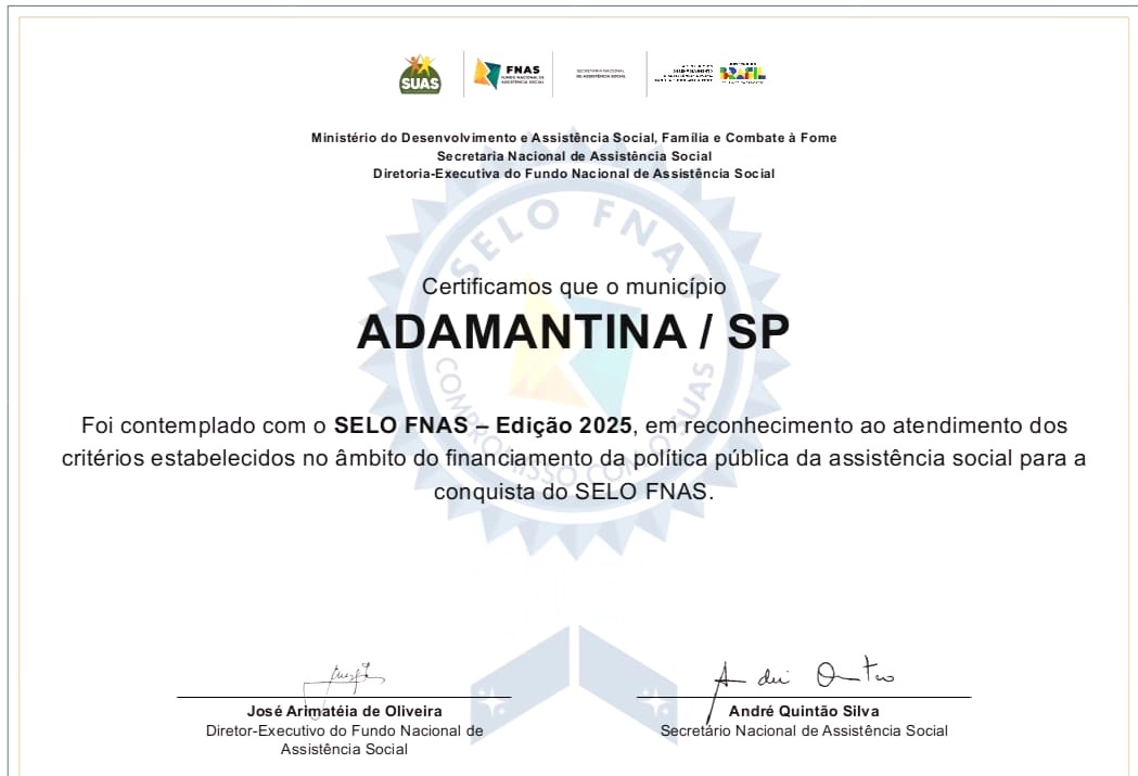 Adamantina é contemplada com Selo FNAS 2025 em reconhecimento à gestão da Assistência Social