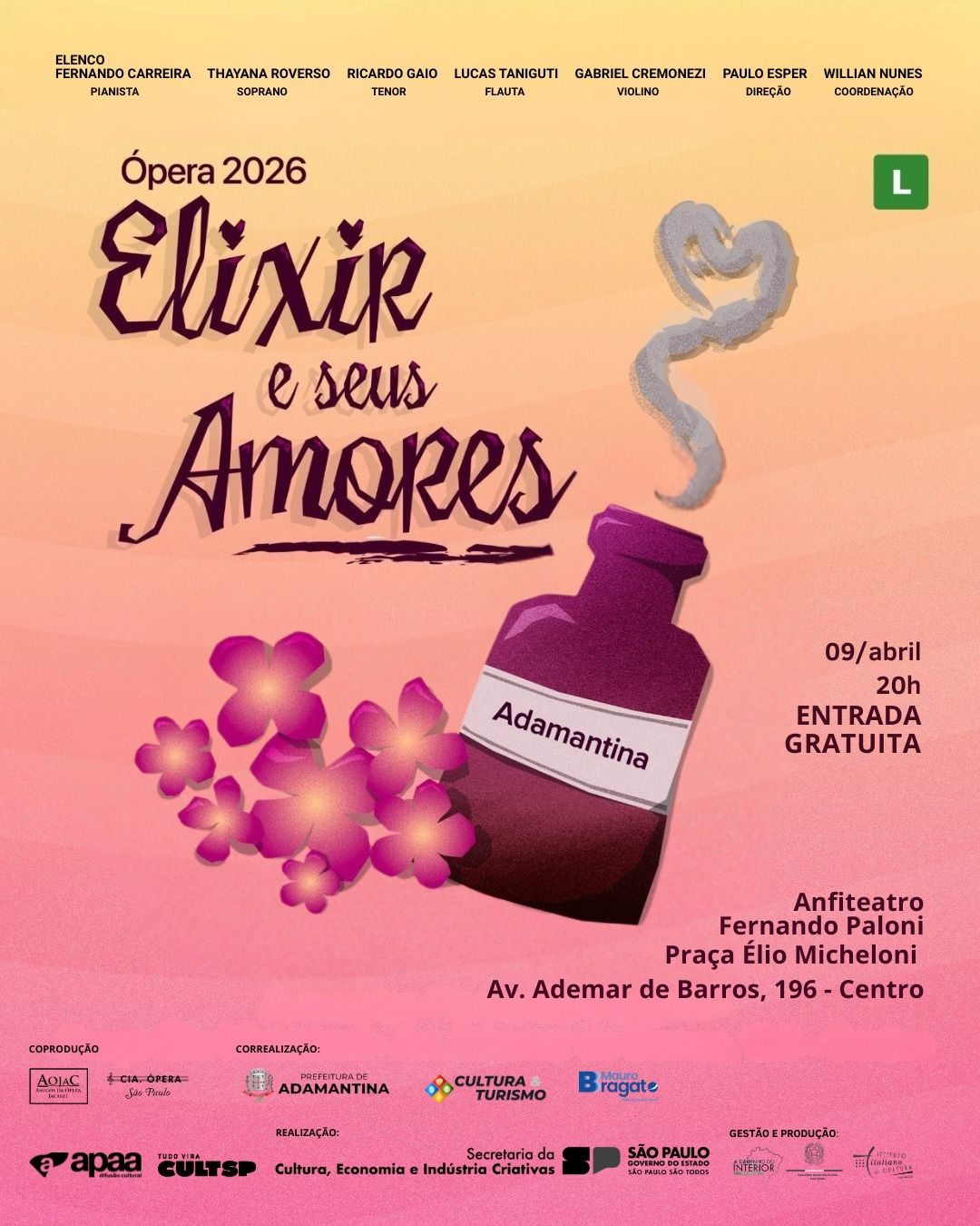 Adamantina recebe apresentação gratuita da ópera “O Elixir e Seus Amores”