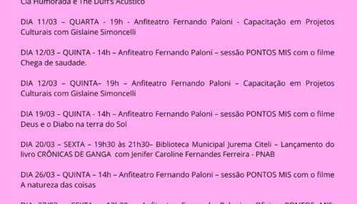 Secretaria de Cultura e Turismo de Adamantina divulga agenda cultural de março