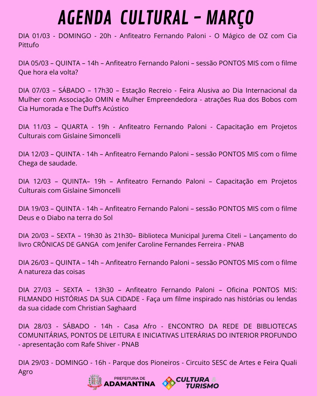 Secretaria de Cultura e Turismo de Adamantina divulga agenda cultural de março