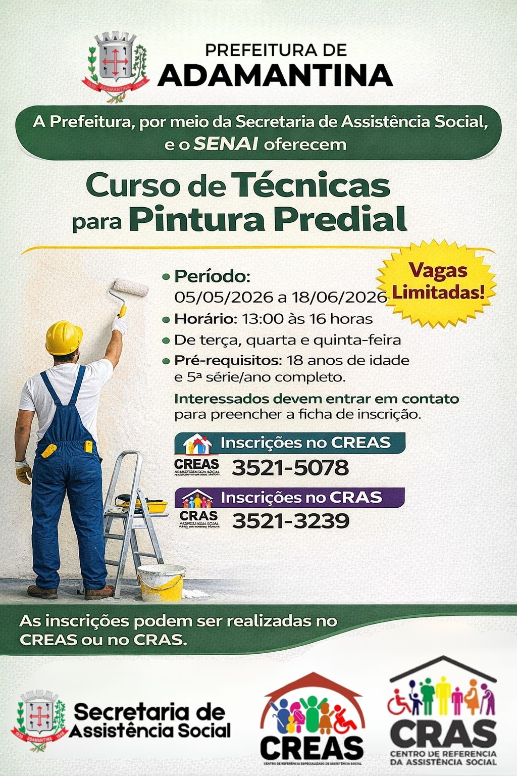Prefeitura de Adamantina abre inscrições para curso de técnicas para pintura predial