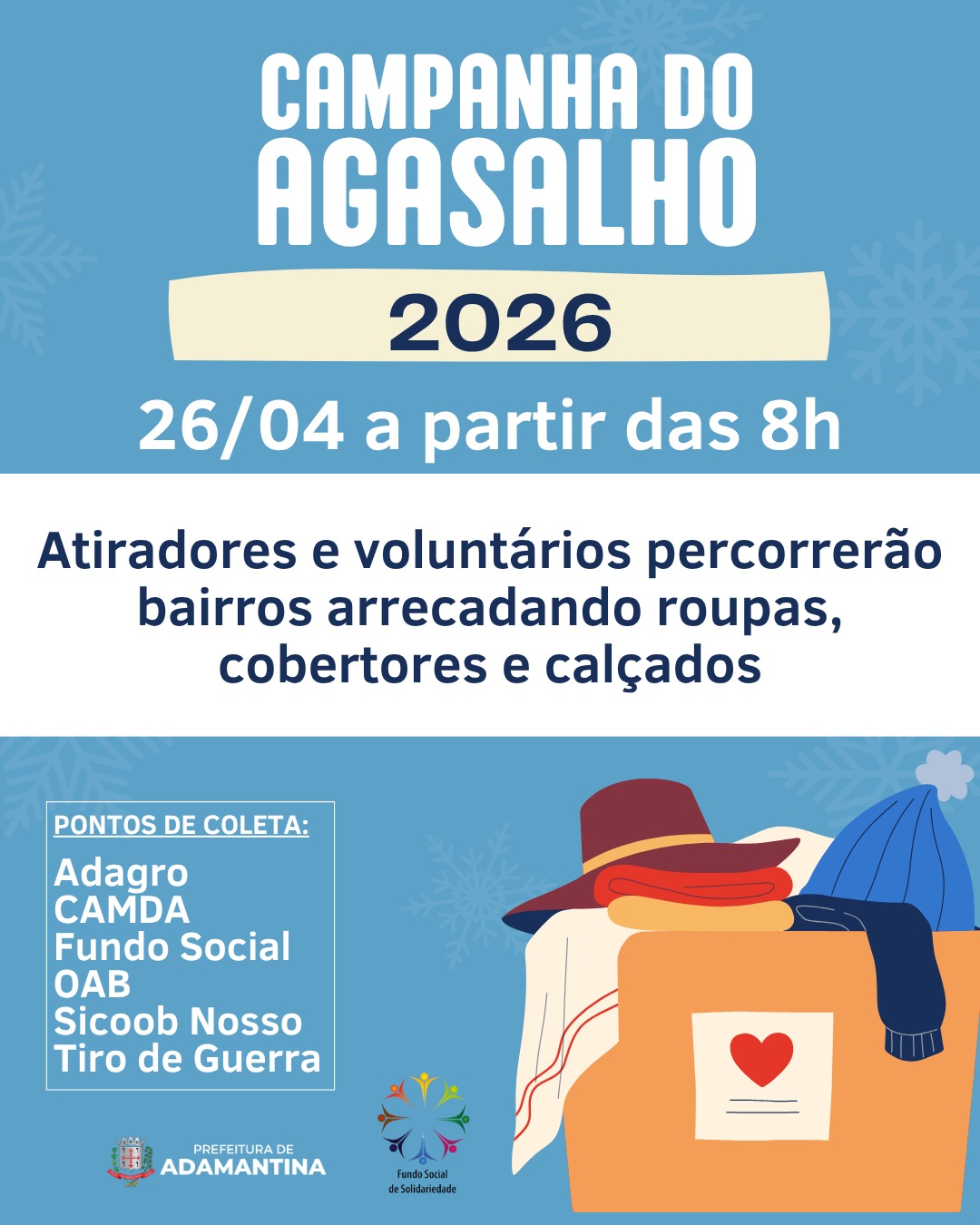 Campanha do Agasalho acontece neste domingo (26) em Adamantina