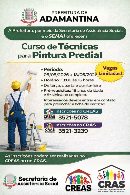 Últimas vagas: curso gratuito de pintura predial está com inscrições abertas em Adamantina