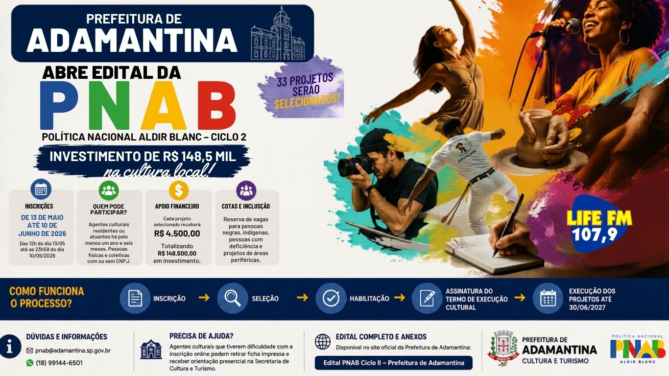 Prefeitura de Adamantina abre edital da PNAB com investimento de R$ 148,5 mil para projetos culturais