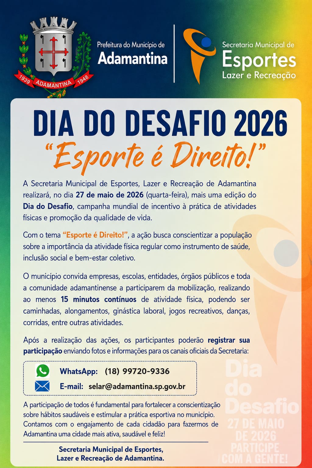 Adamantina promove Dia do Desafio 2026 com tema “Esporte é Direito!