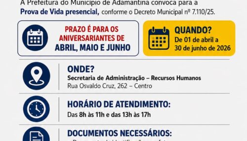PREFEITURA DE ADAMANTINA CONVOCA APOSENTADOS E PENSIONISTAS PARA PROVA DE VIDA PRESENCIAL