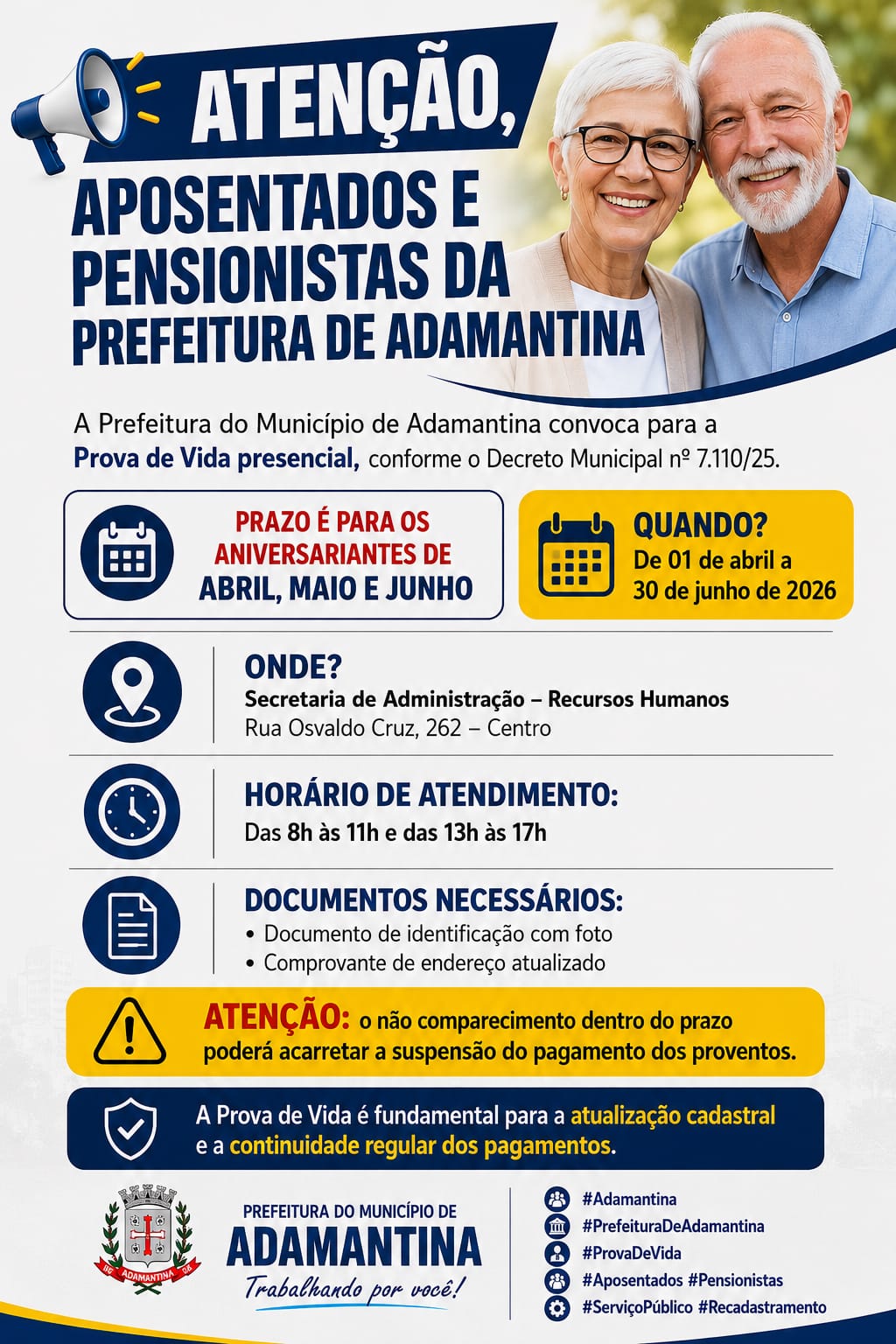 PREFEITURA DE ADAMANTINA CONVOCA APOSENTADOS E PENSIONISTAS PARA PROVA DE VIDA PRESENCIAL