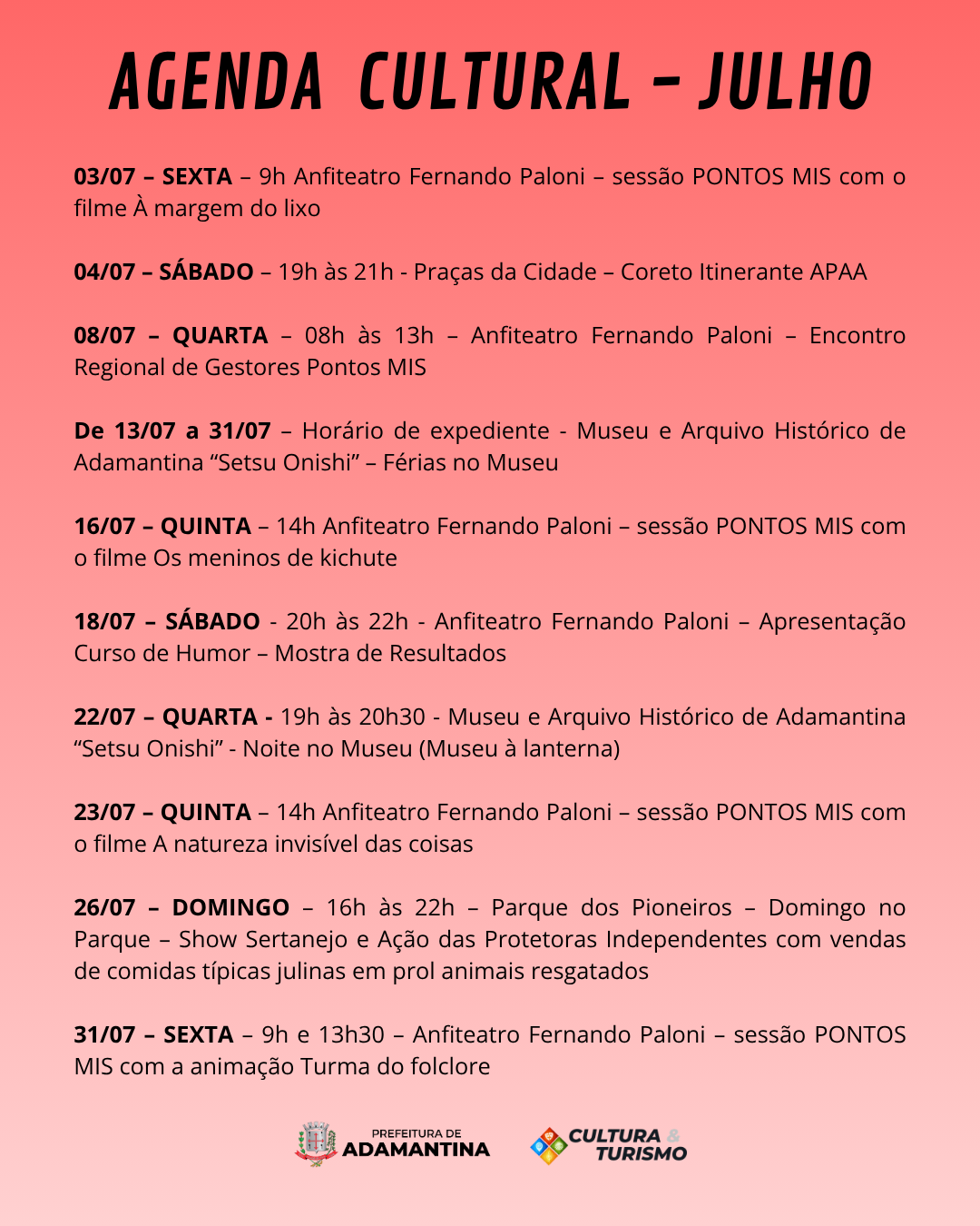 Prefeitura de Adamantina divulga Agenda Cultural de Julho com atrações gratuitas para toda a comunidade