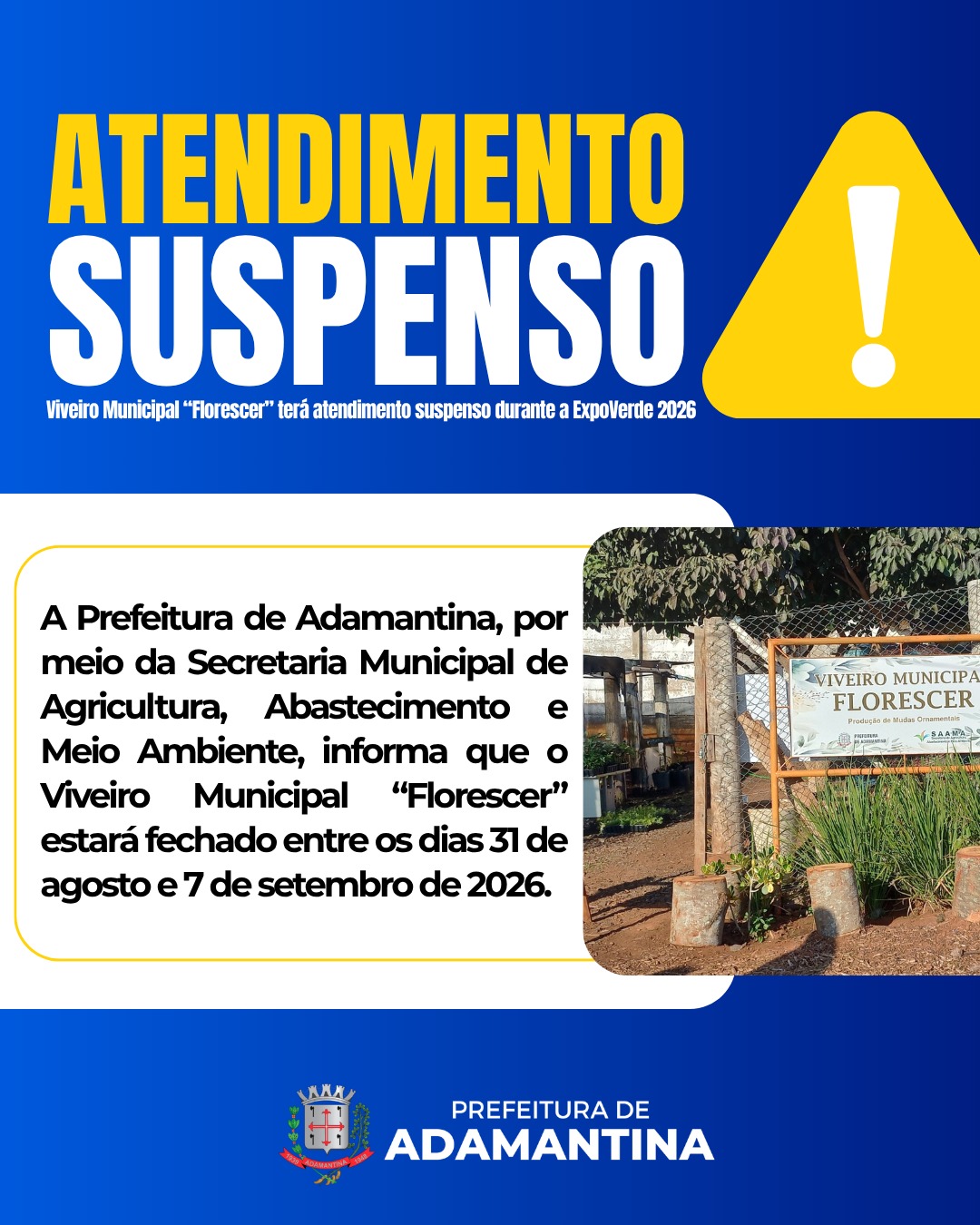 Viveiro Municipal “Florescer” terá atendimento suspenso durante a ExpoVerde 2026