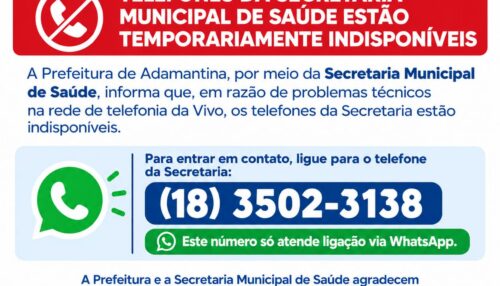 TELEFONES DA SECRETARIA MUNICIPAL DE SAÚDE ESTÃO TEMPORARIAMENTE INDISPONÍVEIS