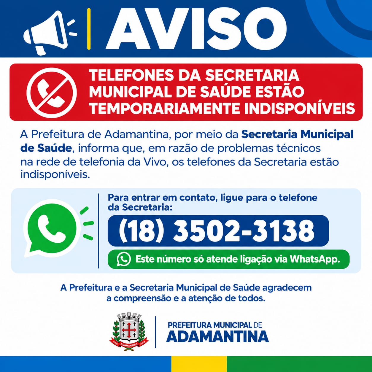 TELEFONES DA SECRETARIA MUNICIPAL DE SAÚDE ESTÃO TEMPORARIAMENTE INDISPONÍVEIS
