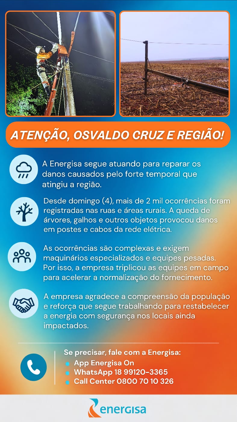 Energisa reforça equipes para restabelecer energia após temporal na região