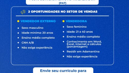 PAT de Adamantina divulga vagas para vendedor e vendedora