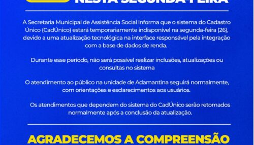 Sistema do CadÚnico ficará temporariamente indisponível nesta segunda-feira