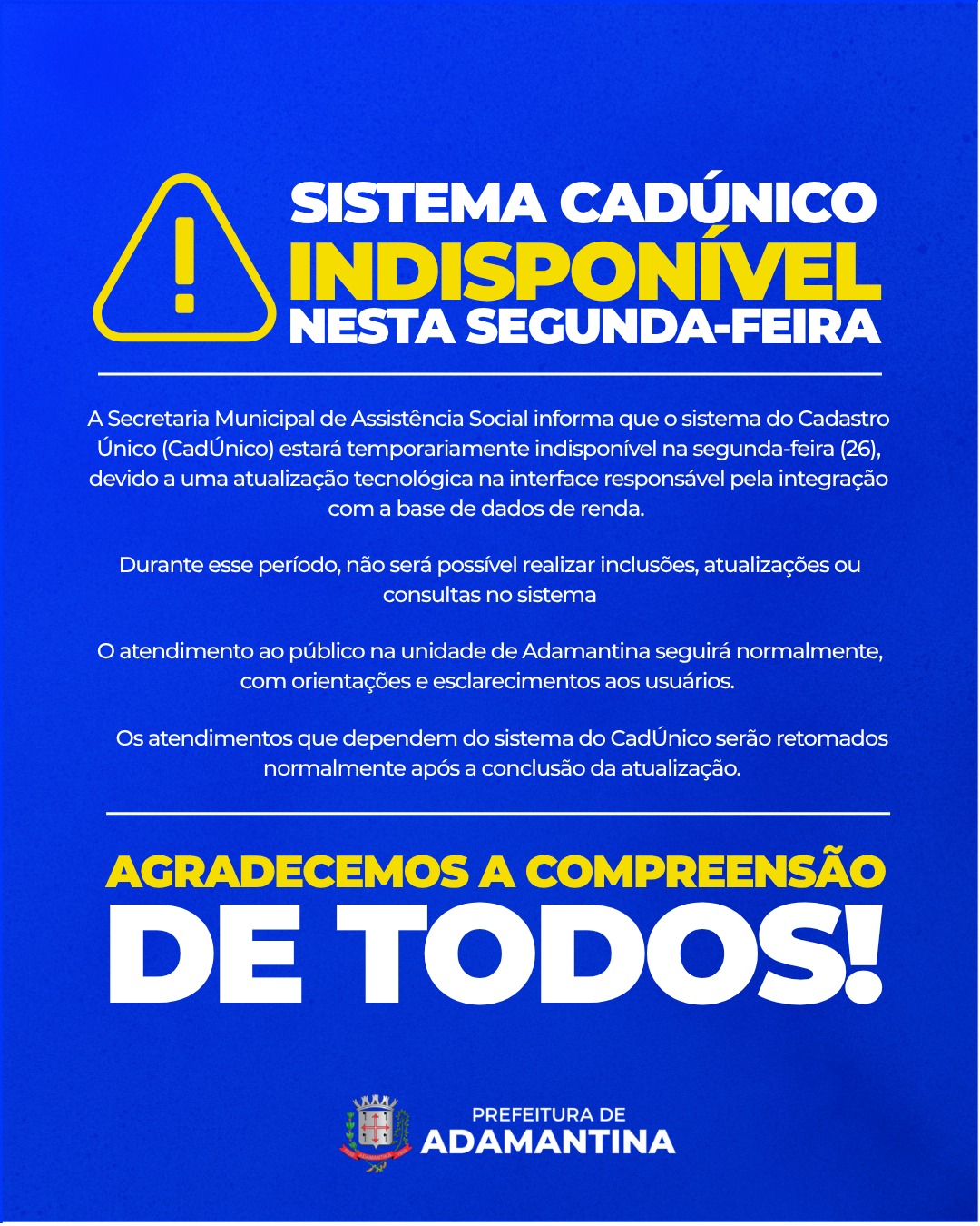 Sistema do CadÚnico ficará temporariamente indisponível nesta segunda-feira